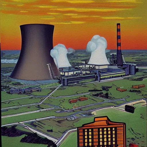 Prompt: the springfield nuclear power plant, an oil painting by montgomery burns and waylon smithers