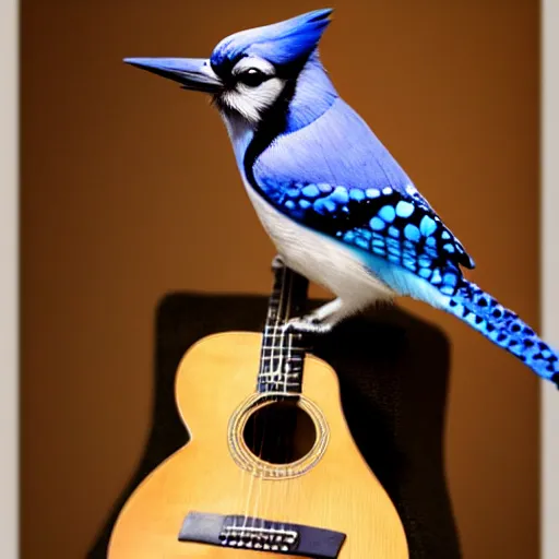 Prompt: bluejay standing on a guitar