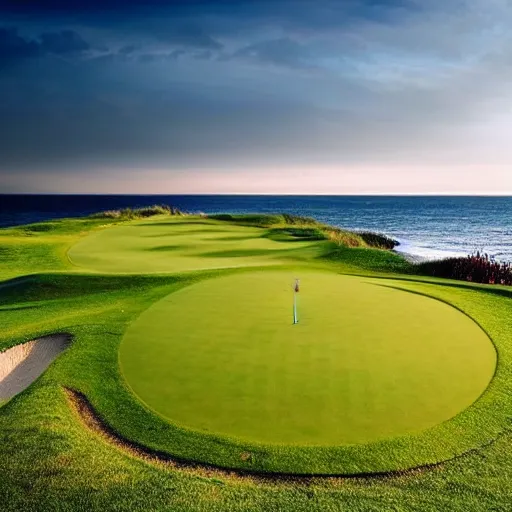 Image similar to a great photo from the teebox of the most amazing golf hole in the words, cliffs by the sea, perfect green fairway, ambient light