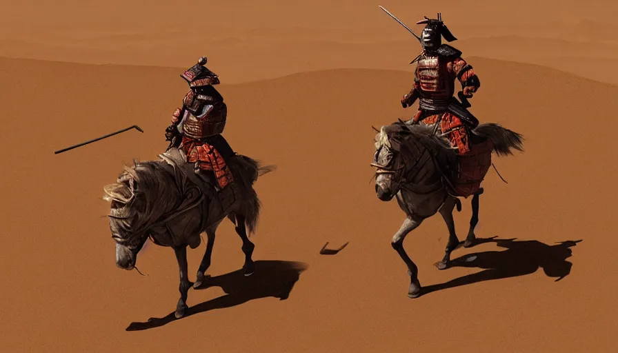 Image similar to a samurai riding a horse on mars