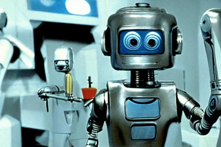 Prompt: a movie still from the 1978 Sci-fi movie The Robots Are Alive featuring Bender from Futurama