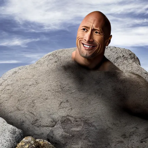 Prompt: dwayne johnson emerging from a pile of rocks. photograph.