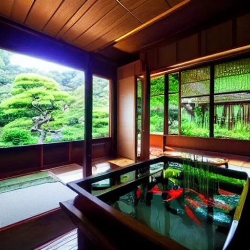 Image similar to inside a cozy dark wooden Japanese house with a indoor koi pond, bonsai trees, stream flowing through the house,fireflies, wild flowers, raining, bamboo forest, night time