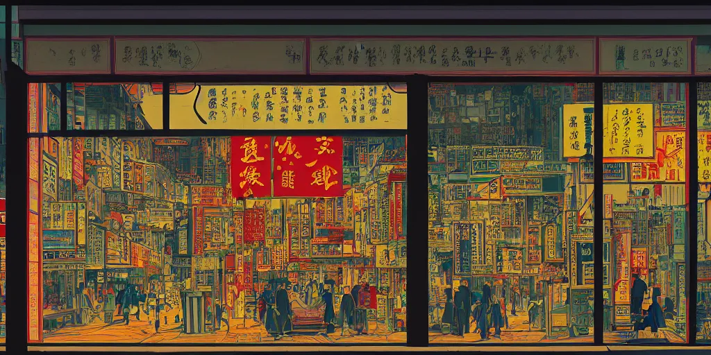 Image similar to a shop window in hong kong, by dan mumford and peter doig and edward hopper, minimal, black in, thick lines highly detailed, muted colours, overlaid with chinese adverts, 8 k