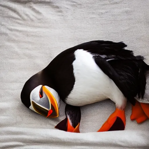 Image similar to puffin sleeping in an oversized bed