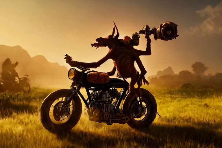 Image similar to A goblin riding a steampunk motorcycle on a dirt road in a meadow, volumetric light, studio lighting, hyperdetailed, artstation, cgsociety, 8k