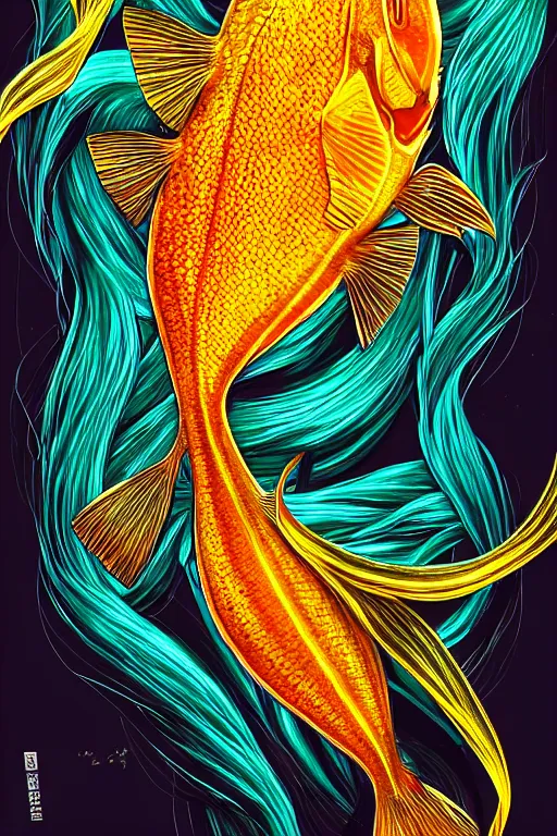 Image similar to iridescent amber fish, symmetrical, highly detailed, digital art, sharp focus, trending on art station, anime art style