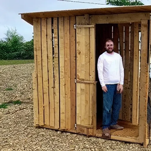 Image similar to man in a white dress builds a wooden shed out of pallets