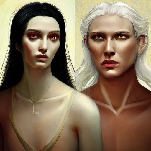 Image similar to god and goddess, non-binary, white hair, long hair, gorgeous, amazing, elegant, intricate, highly detailed, digital painting, artstation, concept art, sharp focus, illustration, art by John la farge