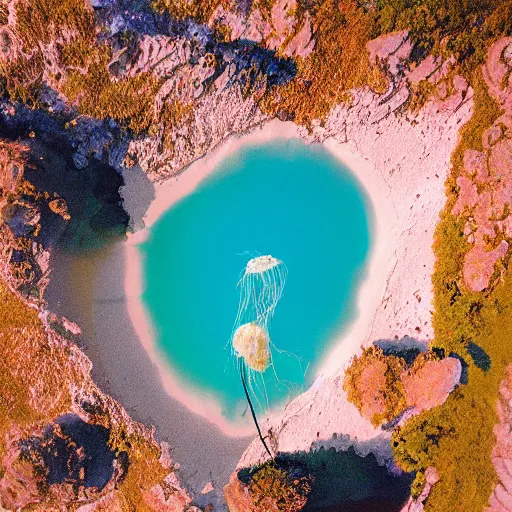 Prompt: aerial expired kodak portra film photograph of flying jellyfish casting shadows on thailand island