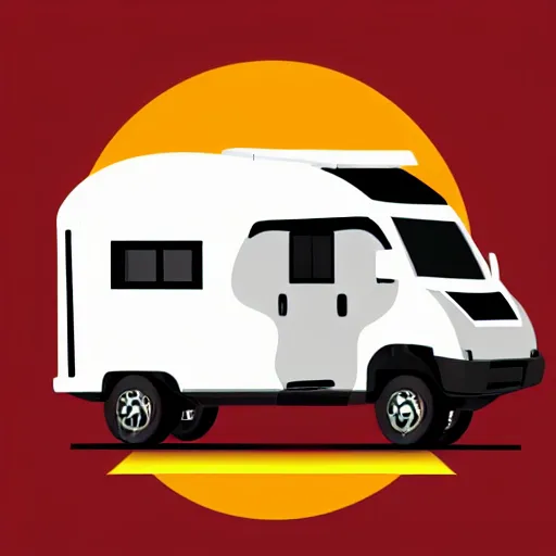 Image similar to very very very minimal vector graphic of a white and black cute thor chateau motorhome camper, color highway, mountains and sunset!!, all enclosed in a circle, white background, happy, professional minimal graphic design cartoon, award winning