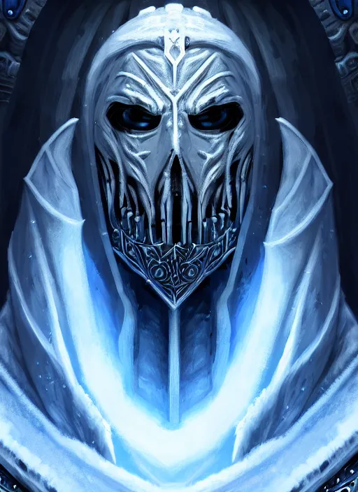 Prompt: highly detailed portrait of the Lich King by George Tooker , 4k resolution, nier:automata inspired, bravely default inspired, vibrant but dreary but upflifting blue, black and white color scheme!!! ((Frozen tundra background))
