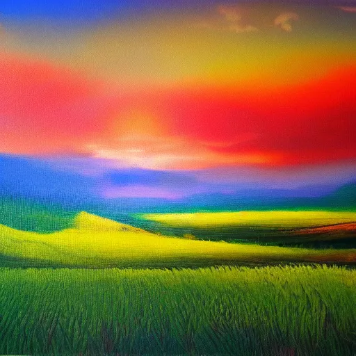 Image similar to dreamy landscape painting of the fields of the void, color abberation effect, vingetting