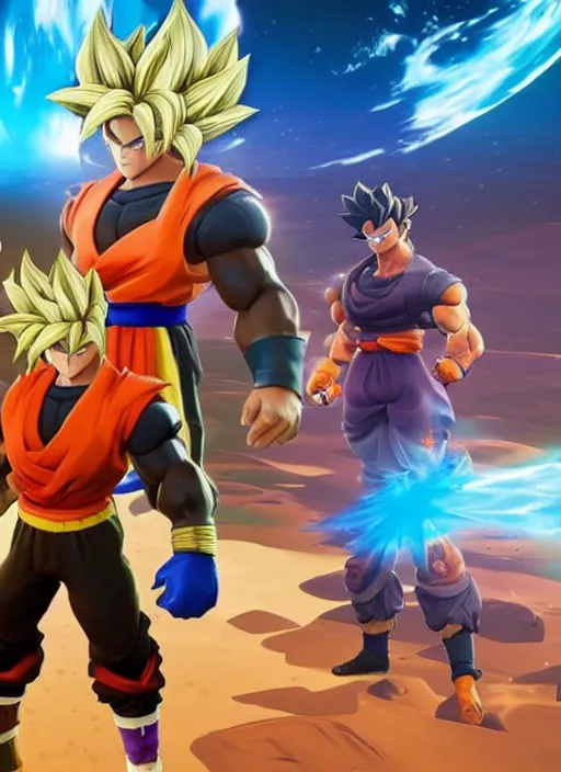 Image similar to game still of a sayan goku as a fortnite skin in fortnite by fortnite, pose.