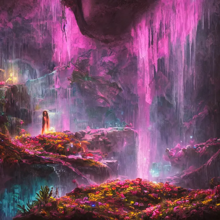 Prompt: oil painting, rich deep colors masterpiece, waterfall, night lights, gray, pink, ultra detailed, beautiful fantasy cave scene, contrast, firefly lights, neon drops, neon stones, redheaded flower girl and dress made of fresh flowers, volumetric light, neon signs, atmospheric lighting, dramatic, cinematic, steampunk, moody, octane render 4 k, 8 k