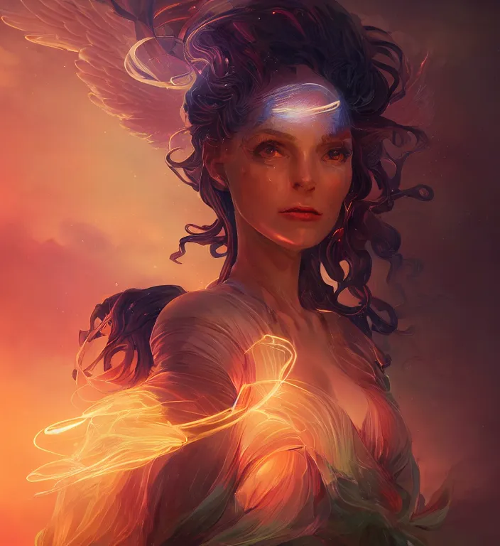 Image similar to centered waist up portrait photography an angel + glowing outlines, dissolve to energy particles of light + bokeh + strong DOF + 8k, photorealistic + composition by Peter Mohrbacher + line work by Dan Mumford , ultra realistic + backlit + strong rimlight, sunset + HDRI, HD, Photoreal