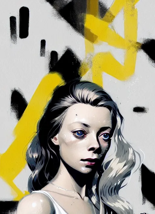 Image similar to highly detailed closeup portrait of beautiful portia doubleday, blonde wavy hair, angela moss, white suit by atey ghailan, by greg rutkowski, by greg tocchini, by james gilleard, by joe fenton, by kaethe butcher, gradient yellow, black and white color scheme, grunge aesthetic!!! ( ( graffiti tag wall background ) )