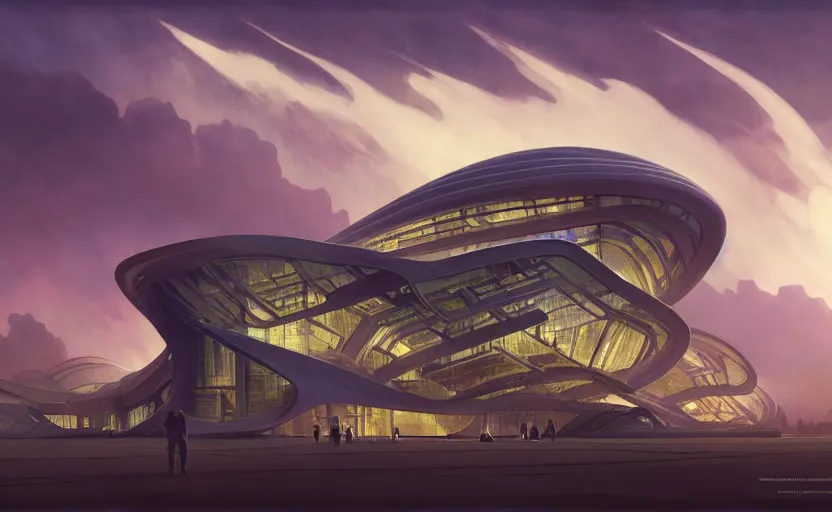 Image similar to exterior shot of utopian architecture building with cinematic lighting by zaha hadid and renzo piano, darek zabrocki and greg ruthkowski, alphonse mucha, simon stalenhag, cinematic, holy place, paradise, scifi, futurism, atmospheric, sunset, concept art, artstation, trending on artstation