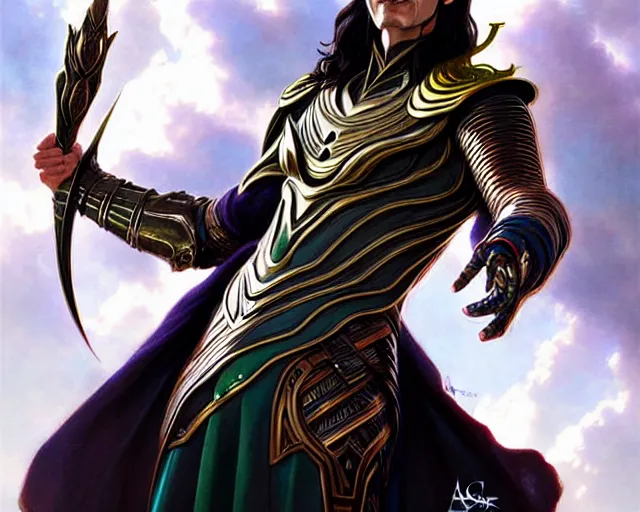 Image similar to Loki in armor, art nouveau, fantasy, intricate science designs, elegant, highly detailed, sharp focus, art by Artgerm and Greg Rutkowski and WLOP