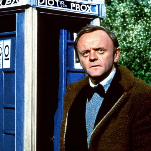 Prompt: anthony hopkins as doctor who in front of tardis, directed by robert zemeckis, 1 9 8 4