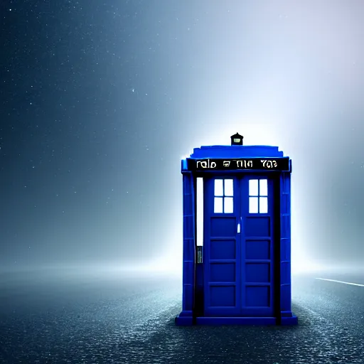 Image similar to a hyperdetailed photograph of the tardis sat on a futuristic street corner, night, dense fog, rain, hd, 8 k resolution