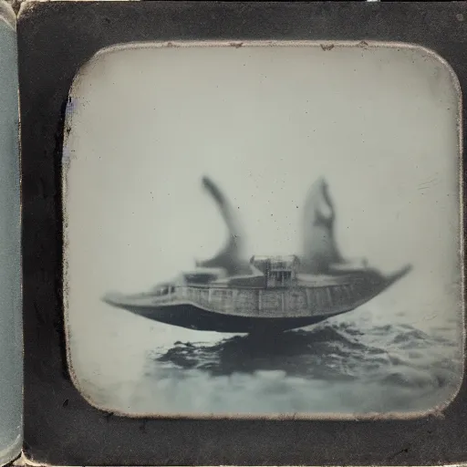 Prompt: tintype photo, swimming deep underwater, alien ship