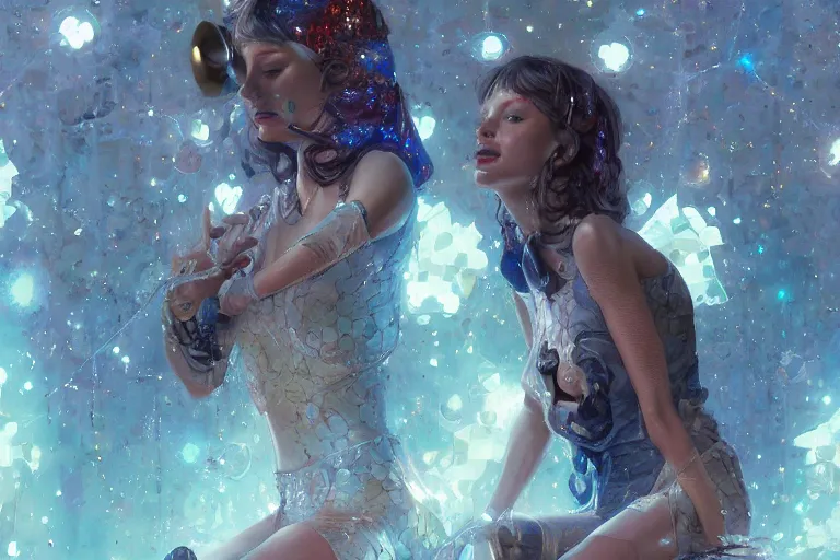 Image similar to sparkly machines listen symbolically in the tar house, by artgerm and Craig Mullins, James Jean, Andrey Ryabovichev, Mark Simonetti and Peter Morbacher 16k