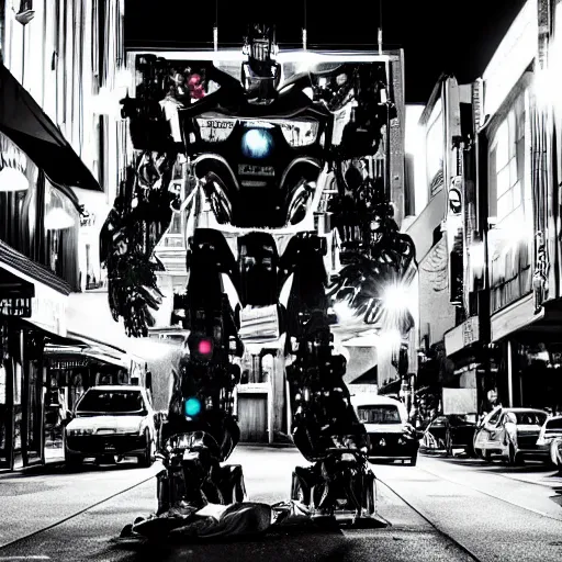 Prompt: giant robot at night, claws, humanoid, face, horror movie, stark light, dramatic lighting, evil smile, street at night, cars in the background, trash on the ground, night sky, scary, evil