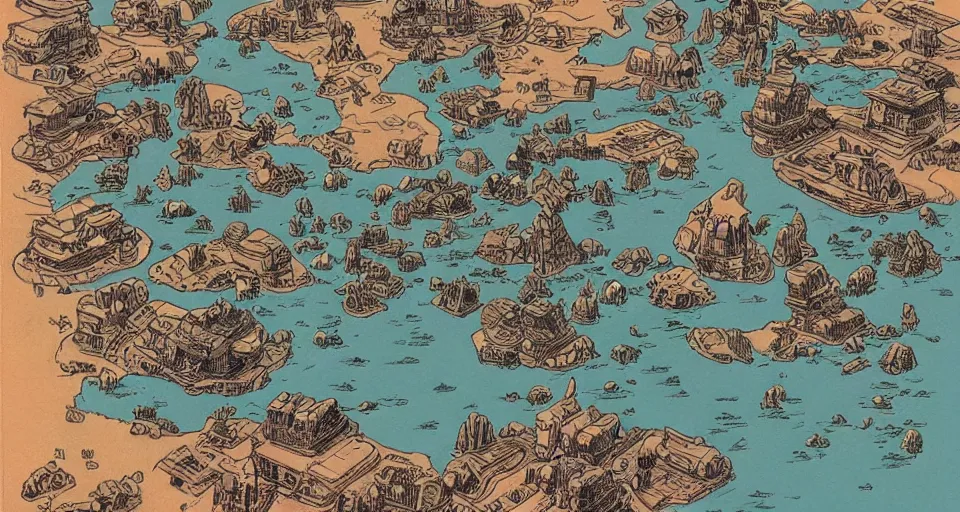 Image similar to moebius illustration of a map. map of a continent. a junkyard planet with a small settlement. maps showing a continent. detailed fantasy art, illustrated map.