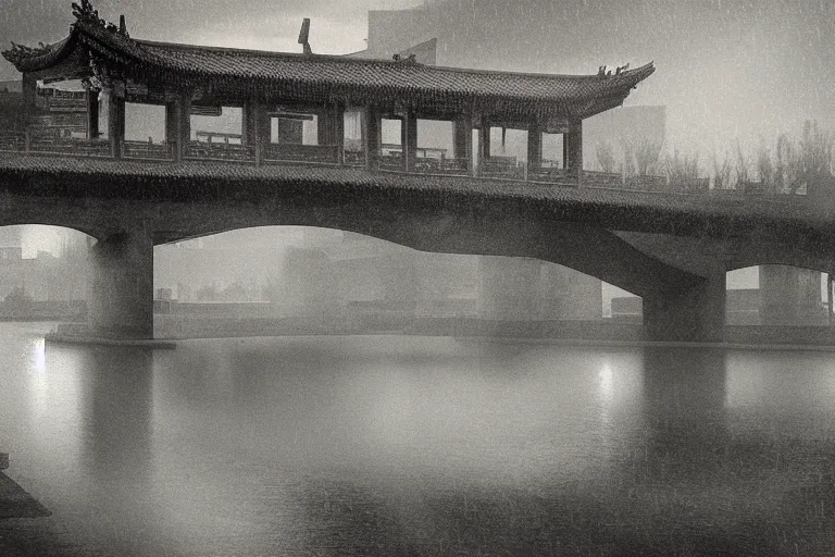 Image similar to in the rain, beijing houses, bridge, river mysterious and serene landscape, clouds, by zhang zeduan, tang yin, zhang daqian, qiu ying, trending on artstation