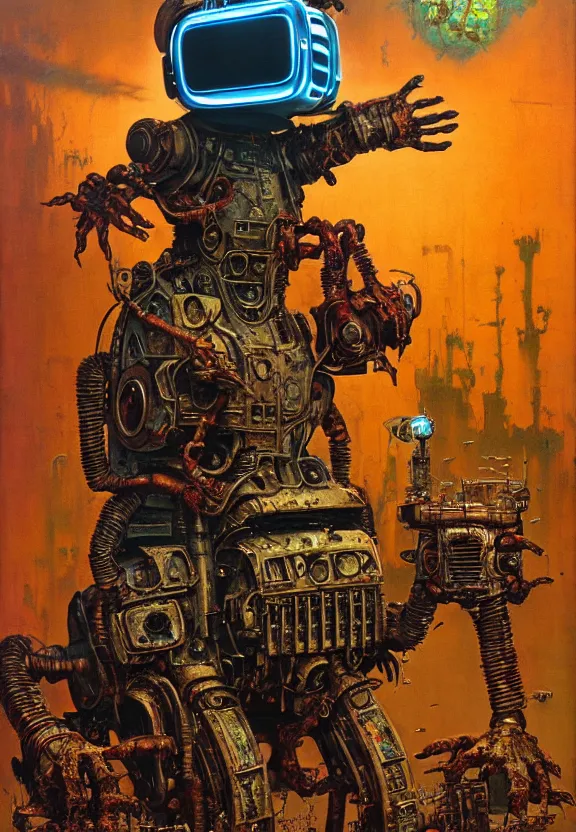 Prompt: junky toddler pillar, cybertronic gadgets and vr helmet, durty colours, long shot, rotten textures, rusty shapes, biotechnology, norman rockwell, tim hildebrandt, bruce pennington, larry elmore, hyperrealistic oil painting on wood, deep depth field, masterpiece, cinematic composition, hyper - detailed, hd, hdr