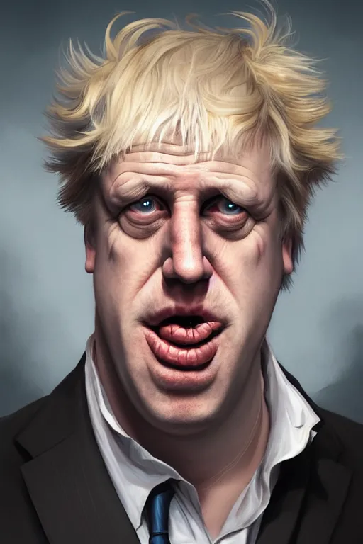 Image similar to Boris Johnson as a drunk genius Rick Sanchez, 2d portrait, symmetrical, highly detailed, digital painting, artstation, concept art, smooth, sharp focus, illustration, cinematic lighting, art by artgerm and greg rutkowski and alphonse mucha