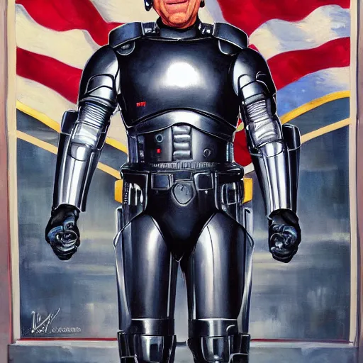 Image similar to joe biden as robocop, realistic oil painting, style of norman rockwell, 8 k, super sharp, ultra detail, rule of thirds,