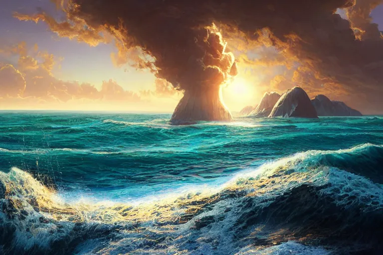 Image similar to detailed intricate digital illustration by greg rutkowski and artgerm and wlop and sanford robinson gifford ; nuclear bomb radiating bright, blinding lens flare across the horizon of a serene ocean, beautiful, glistening water and waves ; 1 3 mm film, arri alfa anamorphic lens, golden hour lighting ; sharp focus ; trending on artstation 8 k