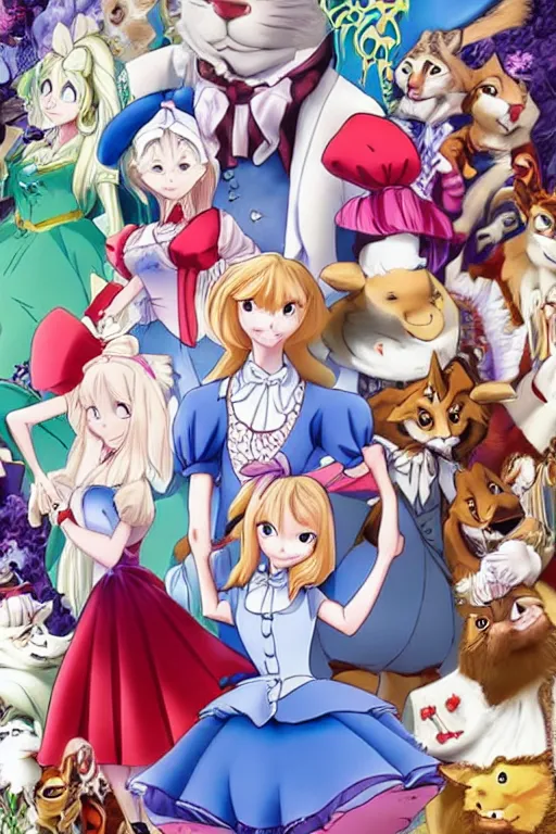 Prompt: Promotional poster from the new Alice in Wonderland anime remake where all the characters are anthropomorphic animals dressed in human clothes. Alice is in the foreground. Layered multiple character pose