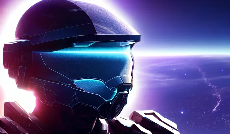 Image similar to cyberpunk halo helmet on space, planet behind, close shot, reflection, epic, dramatic, cinematic, award winning, ultra detailed, realistic, 8k,