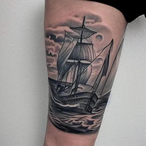 Image similar to a pirate ship sailing in the sea, realism tattoo design, white background, by Matteo Pasqualin tattoo artist