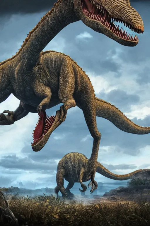 Image similar to dinosour see the asteroid before they go extinct, ultra realistic, concept art, intricate details, highly detailed, photorealistic, octane render, 8 k