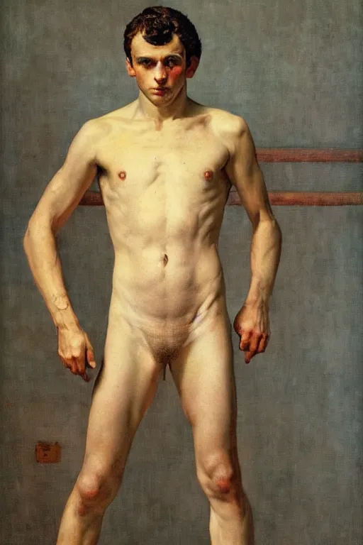 Prompt: body portrait of young Emmanuel Macron posing as a wrestler, colour painting by norman rockwell, guidi prime background by carl spitzweg