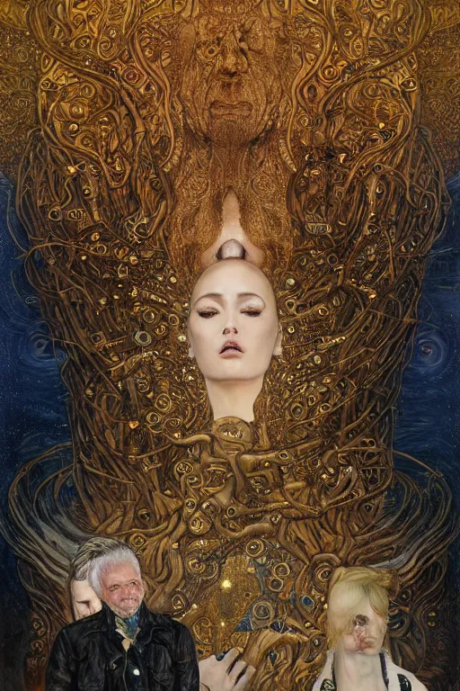 Prompt: Divine Chaos Engine portrait by Karol Bak, Jean Deville, Gustav Klimt, people looking at a large painting wearing oculus in a contemporary museum, dark, intricate, realistic detailed image of a semi overhead view of an old couple sitting on a couch highly detailed, smooth, artstation, digital illustration by moebius. James jean graffiti. Artgerm and Franics Bacon and Greg Rutkowski and Zdzislaw Beksinski