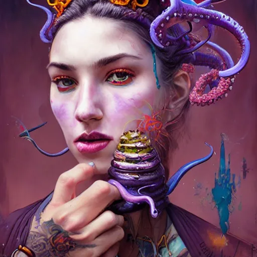 Image similar to art portrait of a furious girl with purple tentacles on her head,8k,by tristan eaton, Stanley Artgermm,Tom Bagshaw,Greg Rutkowski,Carne Griffiths,trending on DeviantArt, face enhance,hyper detailed ,full of colour,