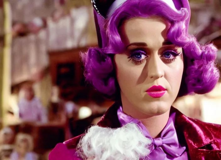 Prompt: a film still closeup of candy katy perry in willy wonka and the chocolate factory