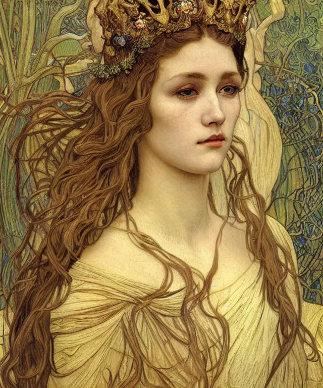 Image similar to detailed realistic beautiful young medieval queen face portrait by jean delville, alphonse mucha, vincent van gogh, and marco mazzoni, art nouveau, symbolist, visionary, gothic, pre - raphaelite