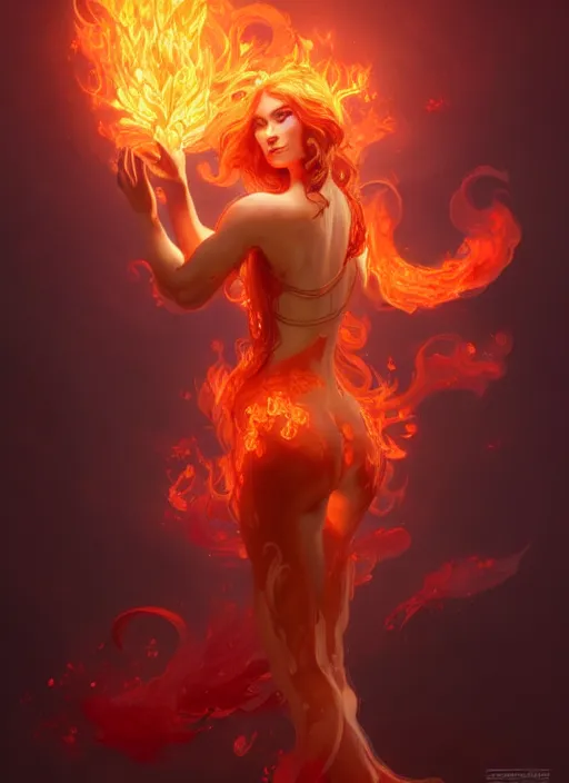 Image similar to a cute fire elemental, with fingers and hair turning into flames, fantasy, intricate, elegant, highly detailed, digital painting, artstation, concept art, wallpaper, smooth, sharp focus, illustration, art by artgerm and greg rutkowski and alphonse mucha