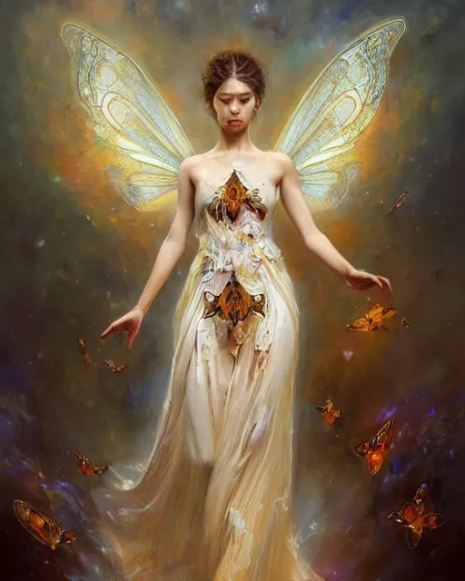 Prompt: Full view realistic ethereal Humanoid Maiden with symmetrical moth wings in a beautiful dress, oil on linen masterpiece by Craig Mullins Artgerm in the style of Ruan Jia, ornate Iconography background, tarot card, wlop, Ross Tran, detailed and realistic, soft lighting, intricate details, realistic, full view, Artstation, CGsociety