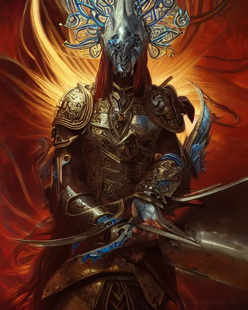 Image similar to Horse warrior, centered, portrait, symmetrical, Path of Exile, Diablo, Warhammer, digital painting, highly detailed, colorful concept art, gold, silver, copper colors, Nekro, Peter Mohrbacher, Alphonse Mucha, Brian Froud, Yoshitaka Amano, Kim Keever, Victo Ngai, James Jean