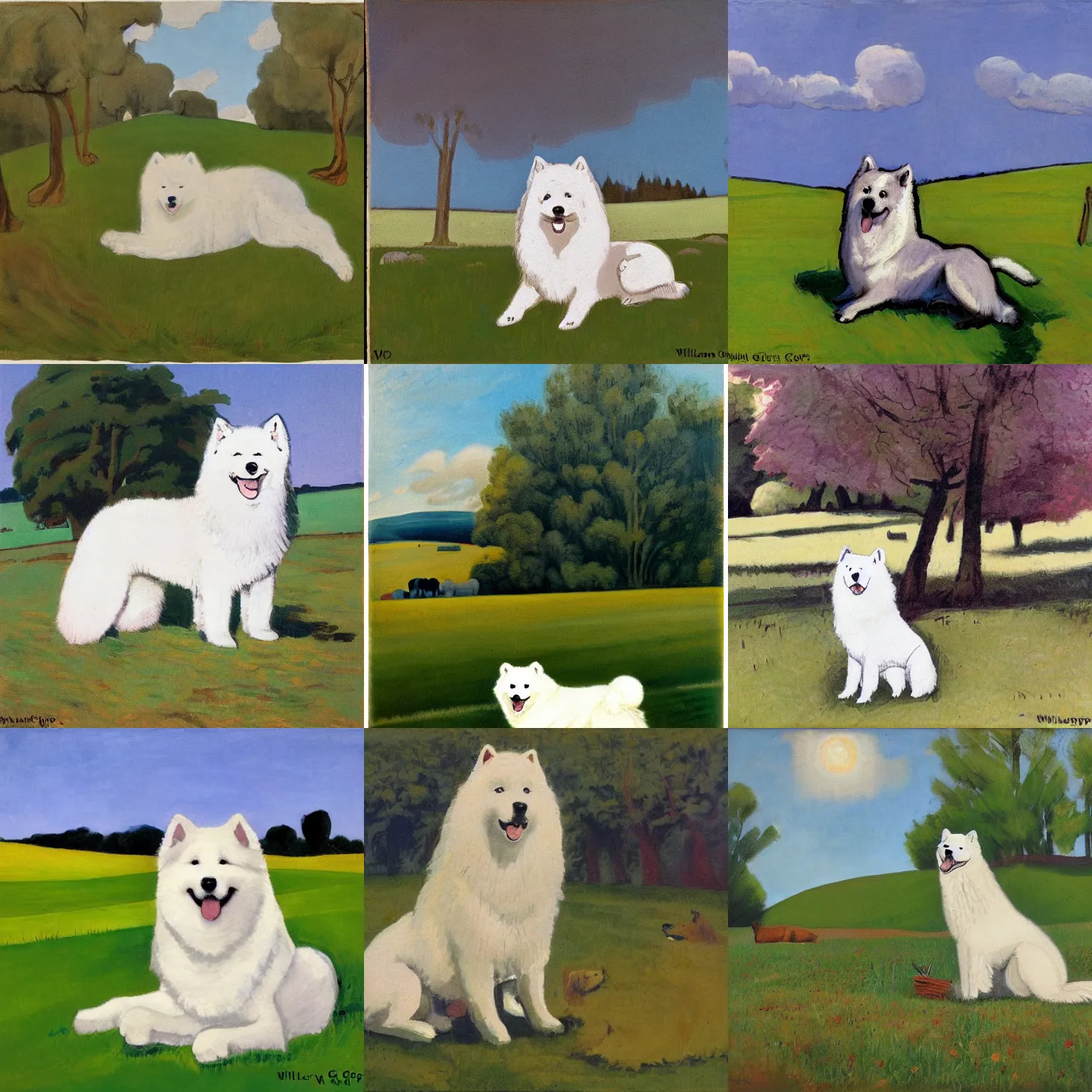 Prompt: a samoyed dog sitting in the middle of sunny meadow, by william gropper