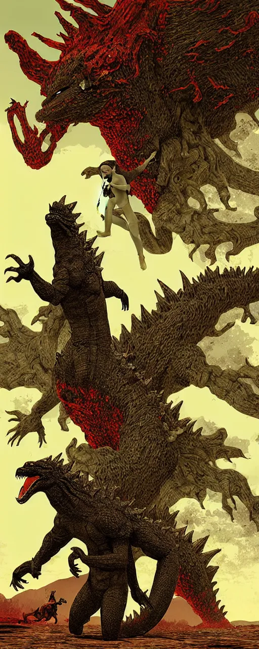 Prompt: adam and eve versus godzilla, red dead redemption illustration art style, smooth painting, each individual seeds have ultra high detailed, 4 k, illustration, torn cosmo magazine style, concept art, pop art style, ultra realistic, underrated, by mike swiderek, jorge lacera, ben lo, tyler west