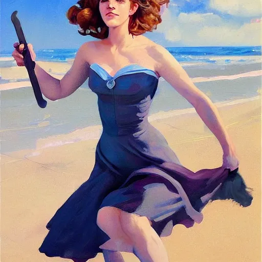 Image similar to pinup art of emma watson as hermione granger in a beach, artwork by greg manchess, medium shot, asymmetrical, organic painting, sunny day, matte painting, bold shapes, hard edges, street art, trending on artstation, by huang guangjian and gil elvgren and sachin teng 1 9 5 6