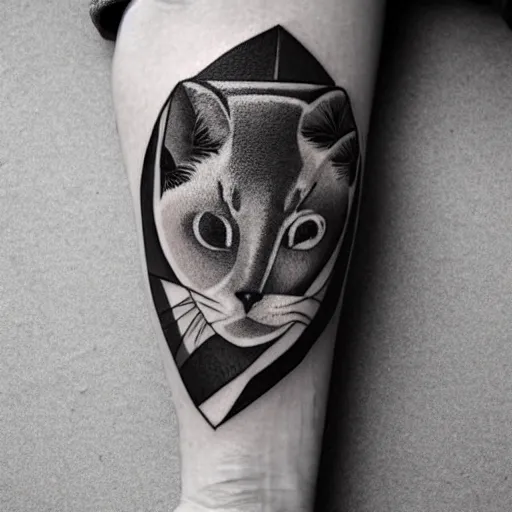 Image similar to a geometric style tattoo of a siamese cat sleeping in a bowl of ramen